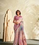 Purple printed handloom khadi silk blend silk blend saree with blouse