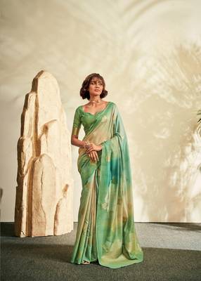 Green printed handloom khadi silk blend silk blend saree with blouse 1