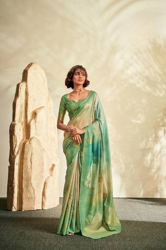 Green printed handloom khadi silk silk saree with blouse