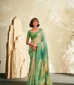 Green printed handloom khadi silk blend silk blend saree with blouse