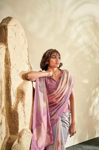 Purple printed handloom khadi silk blend silk blend saree with blouse