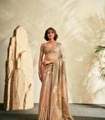 Cream printed handloom khadi silk blend silk blend saree with blouse