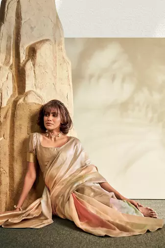 Cream printed handloom khadi silk blend silk blend saree with blouse