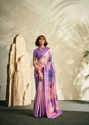 Lavender printed handloom khadi silk blend silk blend saree with blouse 1
