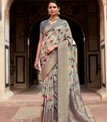Dark grey printed soft tissue silk saree with blouse