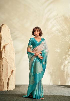 Sky blue printed handloom khadi silk blend silk blend saree with blouse 1