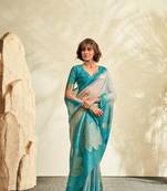 Sky blue printed handloom khadi silk blend silk blend saree with blouse