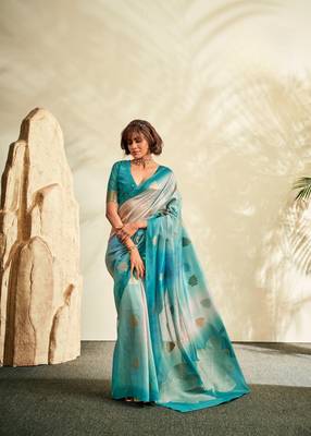 Sky blue printed handloom khadi silk blend silk blend saree with blouse 2