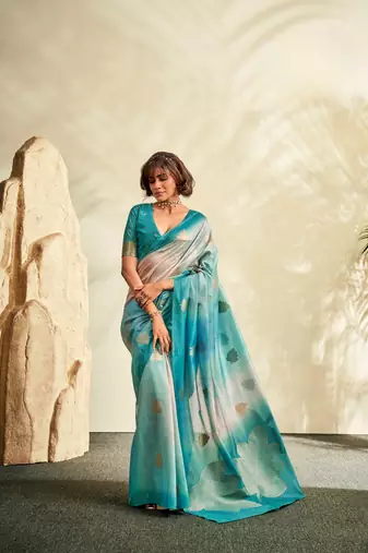 Sky blue printed handloom khadi silk blend silk blend saree with blouse