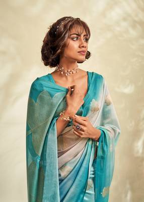 Sky blue printed handloom khadi silk blend silk blend saree with blouse 3