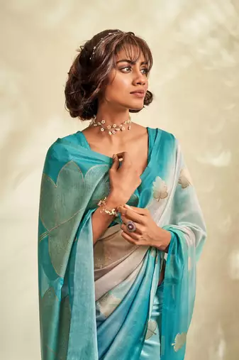 Sky blue printed handloom khadi silk blend silk blend saree with blouse
