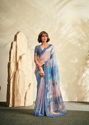 Blue printed handloom khadi silk blend silk blend saree with blouse 1