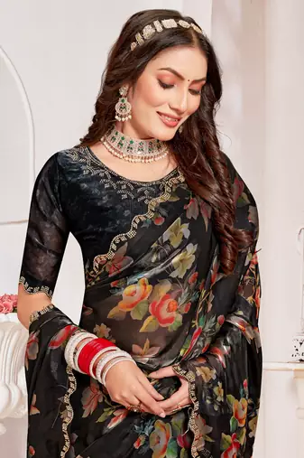 Designer black heavy handwork zarkan cutwork silk saree