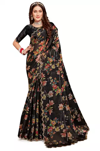 Designer black heavy handwork zarkan cutwork silk saree