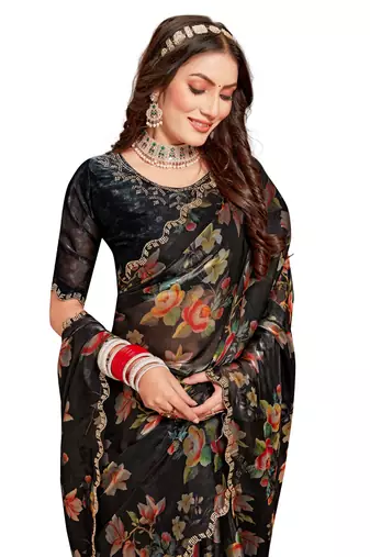 Designer black heavy handwork zarkan cutwork silk saree