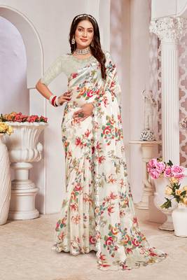 Designer cream heavy handwork zarkan cutwork silk saree 1