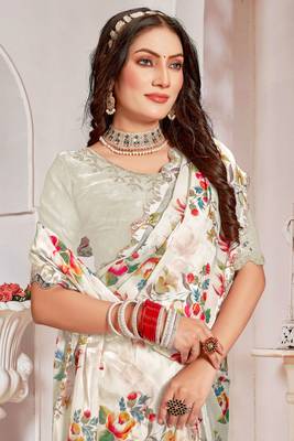 Designer cream heavy handwork zarkan cutwork silk saree 2