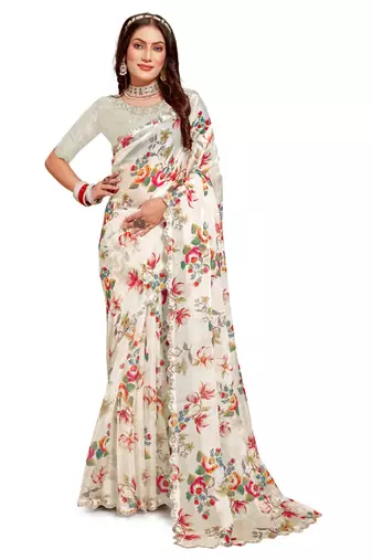 Designer cream heavy handwork zarkan cutwork silk saree