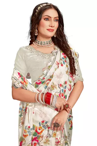 Designer cream heavy handwork zarkan cutwork silk saree