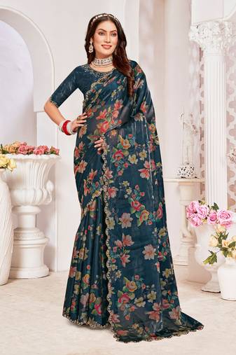 Designer teal heavy handwork zarkan cutwork silk saree