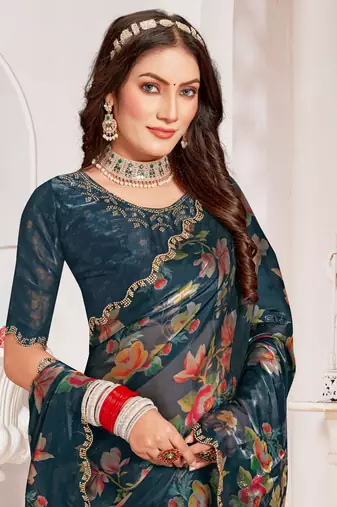 Designer teal heavy handwork zarkan cutwork silk saree