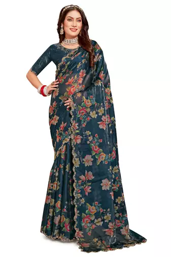 Designer teal heavy handwork zarkan cutwork silk saree