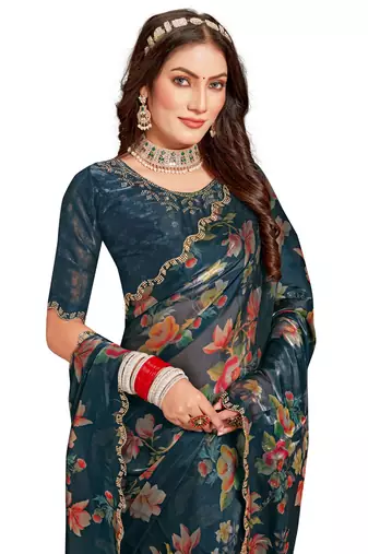 Designer teal heavy handwork zarkan cutwork silk saree