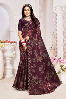 Designer wine heavy handwork zarkan cutwork silk saree 1