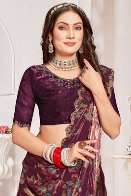 Designer wine heavy handwork zarkan cutwork silk saree 2