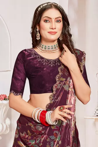 Designer wine heavy handwork zarkan cutwork silk saree
