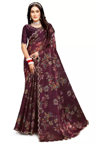 Designer wine heavy handwork zarkan cutwork silk saree