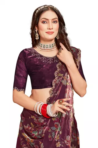 Designer wine heavy handwork zarkan cutwork silk saree