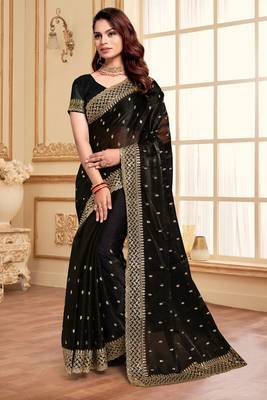 Black designer zari sequence embroidery work silk saree 1