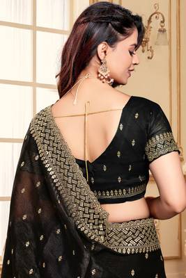 Black designer zari sequence embroidery work silk saree 2