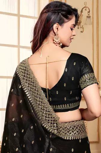 Black designer zari sequence embroidery work silk saree