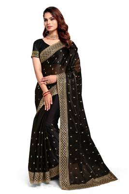Black designer zari sequence embroidery work silk saree 4