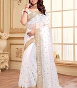 White designer zari sequence embroidery work silk saree