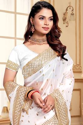 White designer zari sequence embroidery work silk saree 2