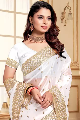 White designer zari sequence embroidery work silk saree