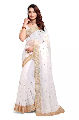White designer zari sequence embroidery work silk saree