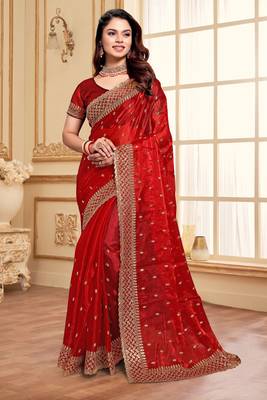 Red designer zari sequence embroidery work silk saree 1