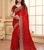 Red designer zari sequence embroidery work silk saree