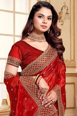 Red designer zari sequence embroidery work silk saree 2