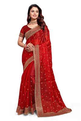 Red designer zari sequence embroidery work silk saree 4