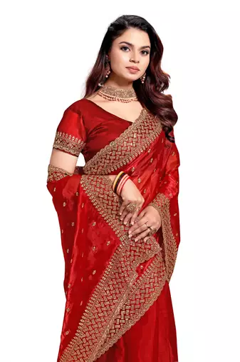 Red designer zari sequence embroidery work silk saree