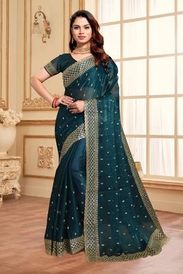 Morpeach designer zari sequence embroidery work silk saree 1