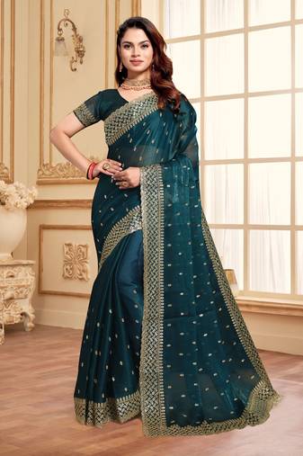 Morpeach designer zari sequence embroidery work silk saree