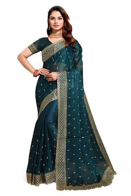 Morpeach designer zari sequence embroidery work silk saree 4