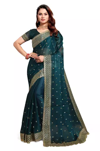 Morpeach designer zari sequence embroidery work silk saree