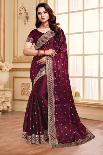 Wine designer zari sequence embroidery work silk saree